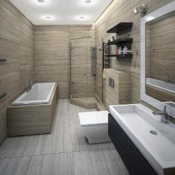 Haverim Galyna Obushok - Nowoczesna łazienka wykończona płytkami imitującymi drewno, z kabiną prysznicową typu walk-in, wanną obudowaną płytkami, wiszącą toaletą, umywalką nablatową na czarnej szafce i lustrem z oświetleniem.