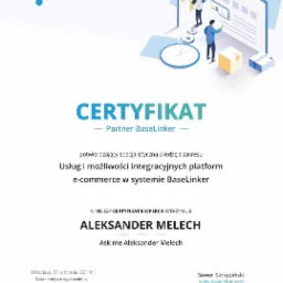 Certyfikat Partner BaseLinker dla Aleksandra Melecha potwierdzający wiedzę z zakresu usług i integracji platform e-commerce w systemie BaseLinker, z ilustracją graficzną przedstawiającą interakcję...