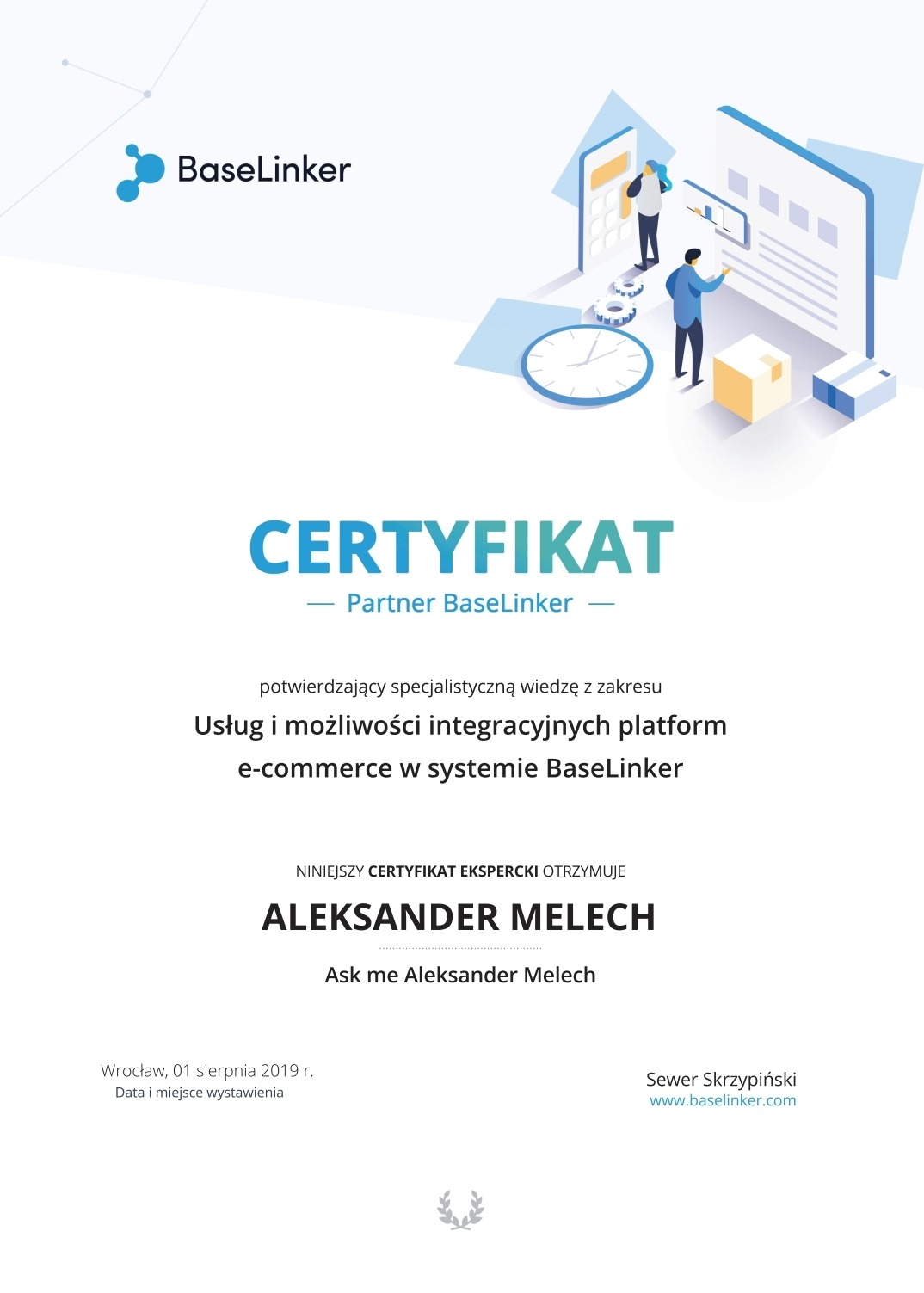 Certyfikat Partner BaseLinker dla Aleksandra Melecha potwierdzający wiedzę z zakresu usług i integracji platform e-commerce w systemie BaseLinker, z ilustracją graficzną przedstawiającą interakcję...