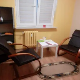 Pokój z dwoma fotelami z drewnianymi podłokietnikami, małym białym stolikiem z dokumentami i dywanikiem na podłodze, oświetlony naturalnym światłem z okna.