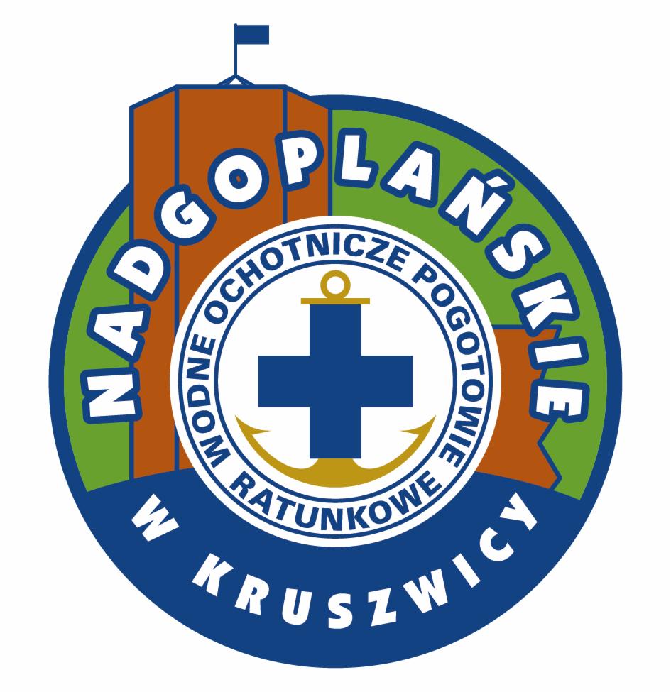 Logo Nadgoplańskiego Wodnego Ochotniczego Pogotowia Ratunkowego w Kruszwicy z krzyżem ratunkowym i kotwicą na tle wieży ratowniczej.