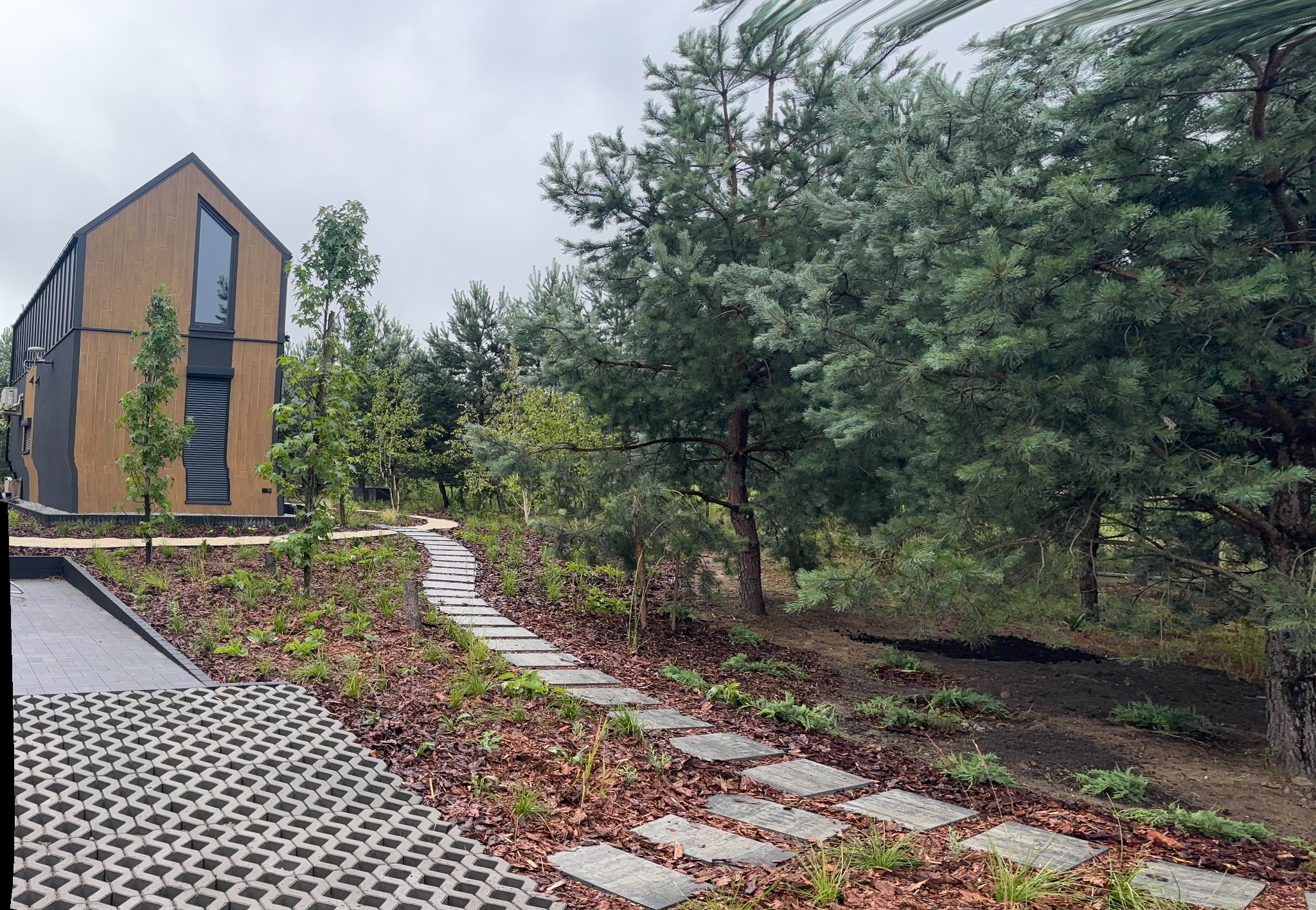 Nowoczesny dom z drewnianą elewacją i ścieżką z płyt kamiennych wijącą się przez ogród z iglakami i korą. Ażurowa kostka brukowa na pierwszym planie.