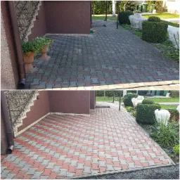 Porównanie kostki brukowej przed i po czyszczeniu: górna część zdjęcia prezentuje zabrudzoną, szarą nawierzchnię, dolna część ukazuje odnowioną, czerwono-szarą kostkę, z widoczną różnicą w kolorze...