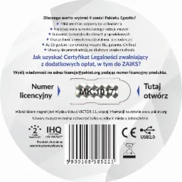 Grafika informacyjna z certyfikatem legalności muzyki, numer licencyjny MK1017, logo wydawnictwa VICTOR 11, kod kreskowy i oznaczenia CE oraz USB 2.0.