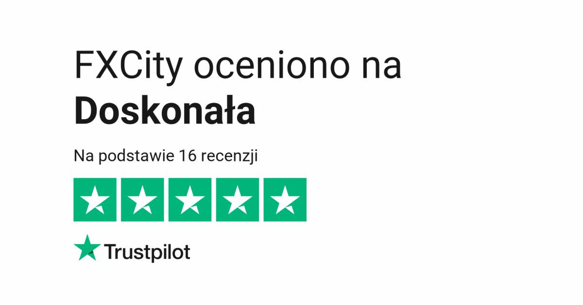 FXCity oceniono na Doskonała, na podstawie 16 recenzji, pięć zielonych gwiazdek, logo Trustpilot.