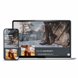 Responsywna strona internetowa firmy obuwniczej STAGORS wyświetlana na laptopie i smartfonie, prezentująca kolekcję butów na tle zimowego krajobrazu.