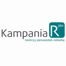 Logo firmy 'Kampania R' z hasłem 'twórczy pierwiastek reklamy', litera 'R' w turkusowym kwadracie z zaokrąglonymi rogami, symbol '360' w prawym górnym rogu.