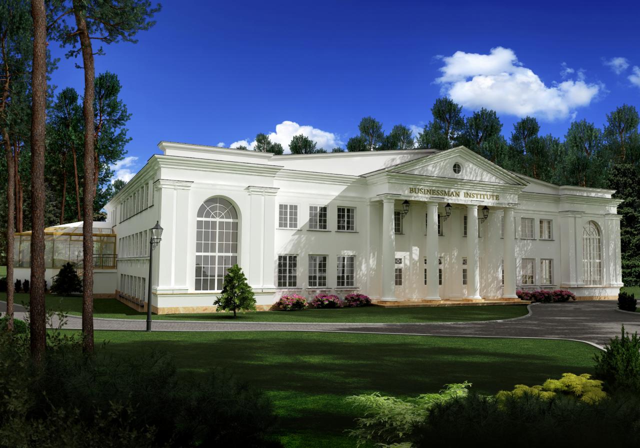 Elewacja białego budynku Businessman Institute z kolumnami i dużymi oknami, otoczona zielenią i drzewami, pod błękitnym niebem z chmurami.