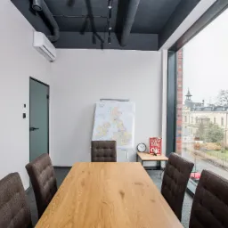 Jasna sala konferencyjna z dużym oknem, drewnianym stołem, czterema krzesłami z brązową tapicerką, flipchartem z mapą Europy, zegarem, plakatem 'Everything OK' i widokiem na miasto za oknem.