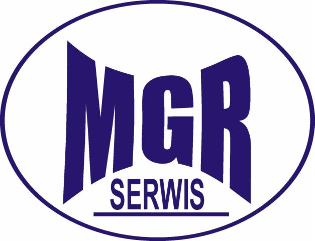 Niebieskie logo 'MGR SERWIS' w owalnej ramce, stylizowane litery.