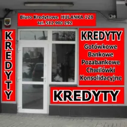 Fasada biura kredytowego Hulanka 128 z czerwonymi szyldami reklamującymi kredyty gotówkowe, bankowe, pozabankowe, chwilówki i konsolidacyjne, widoczne kamery monitoringu i numer telefonu.