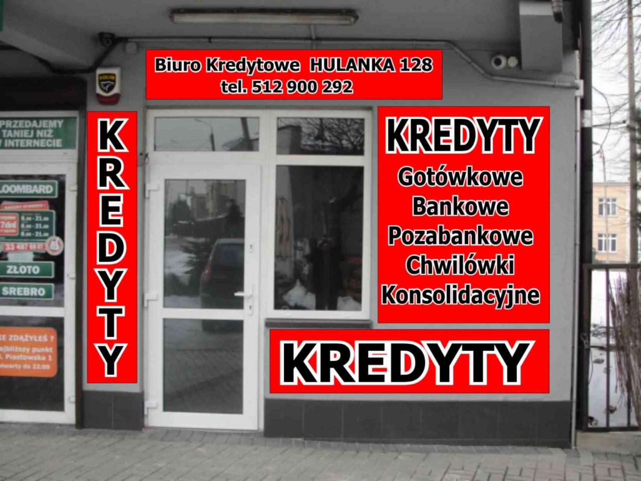 Fasada biura kredytowego Hulanka 128 z czerwonymi szyldami reklamującymi kredyty gotówkowe, bankowe, pozabankowe, chwilówki i konsolidacyjne, widoczne kamery monitoringu i numer telefonu.