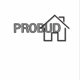 Logo firmy 'PROBUD' z sylwetką domu w tle, czarno-biała grafika na białym tle.