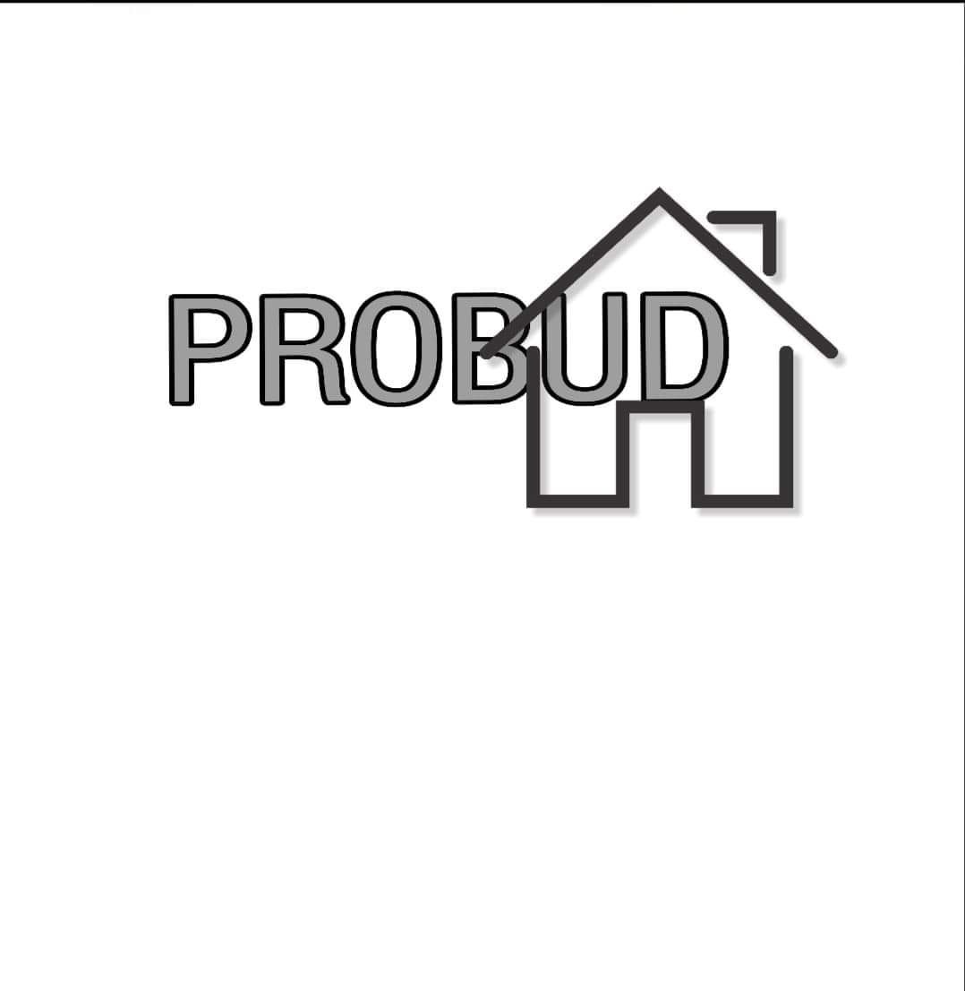 Logo firmy 'PROBUD' z sylwetką domu w tle, czarno-biała grafika na białym tle.