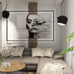 Nowoczesny salon z narożną sofą, abstrakcyjnym obrazem w czarnej ramie, wiszącymi lampami i roślinami doniczkowymi, w tym dużą monsterą.