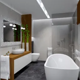 Wizualizacja nowoczesnej łazienki z wolnostojącą wanną, umywalką nablatową, dużym lustrem w ozdobnej ramie, bambusowymi roślinami w wazonach oraz grzejnikiem drabinkowym w kolorze białym.