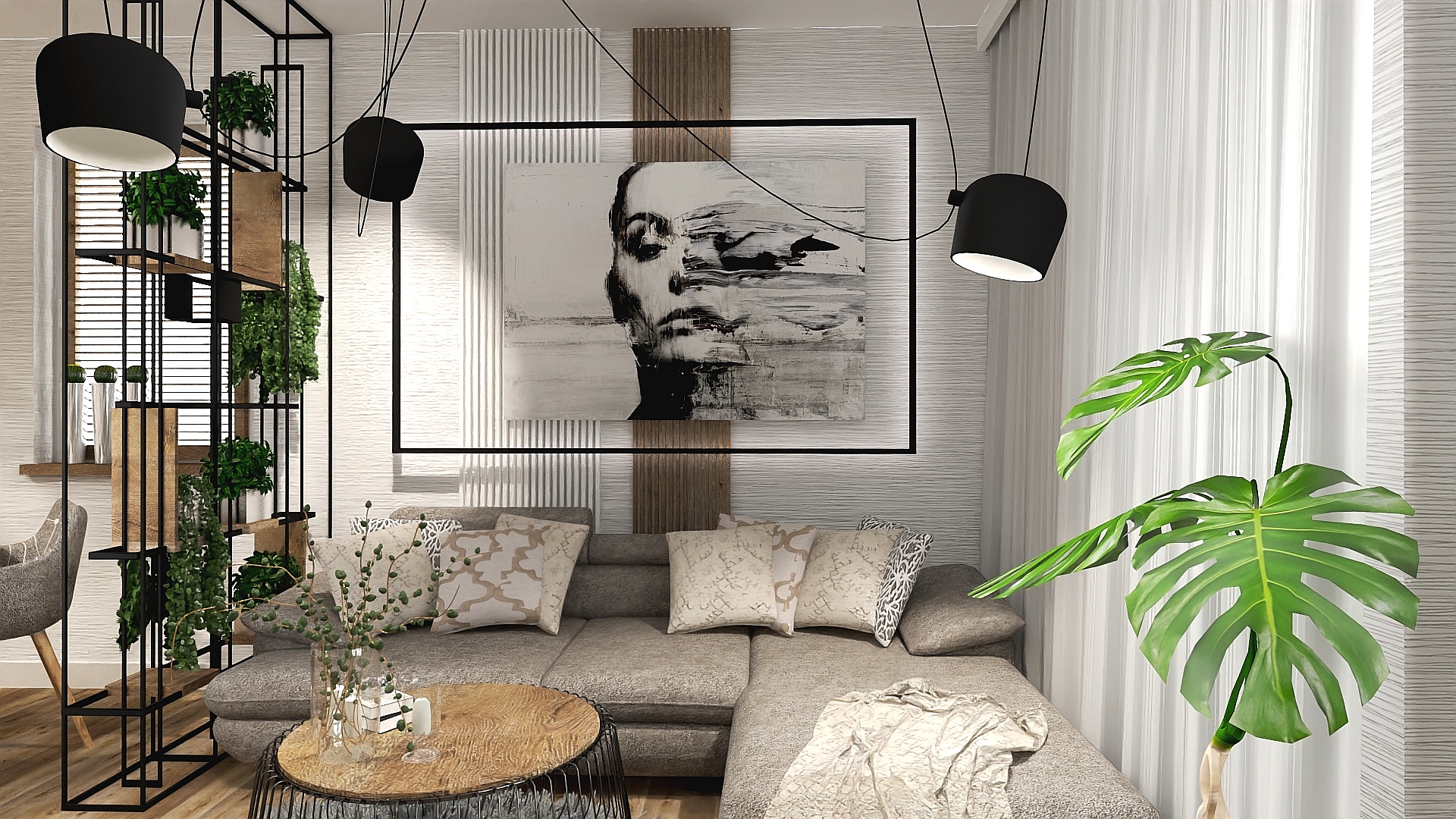 Nowoczesny salon z narożną sofą, abstrakcyjnym obrazem w czarnej ramie, wiszącymi lampami i roślinami doniczkowymi, w tym dużą monsterą.