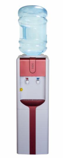 Dystrybutor wody z butlą, biało-czerwony, z kranikami ciepłej i zimnej wody, widok z przodu na białym tle.