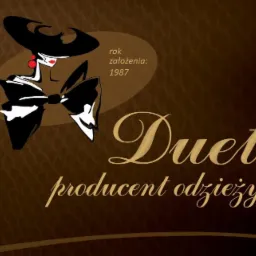 Graficzne logo producenta odzieży Duet z sylwetką kobiety w kapeluszu i kokardą, rok założenia 1987, na brązowym tle.