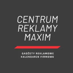 Logo firmy Centrum Reklamy MAXIM na szarym tle z czerwonym akcentem, oferującej gadżety reklamowe i kalendarze firmowe.