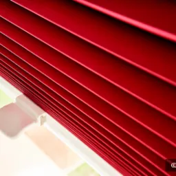 Czerwone, plisowane osłony okienne z białym mechanizmem sterującym, zamontowane w oknie. Zdjęcie zrealizowane w Kielcach.