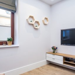 ALUTOR SYSTEMY ROLETOWE S.C. - Nowoczesne wnętrze: okno z plisowaną osłoną, drewniane półki w kształcie plastra miodu z małymi roślinami, telewizor na ścianie oraz szafka RTV z kwiatami i rośliną w doniczce.