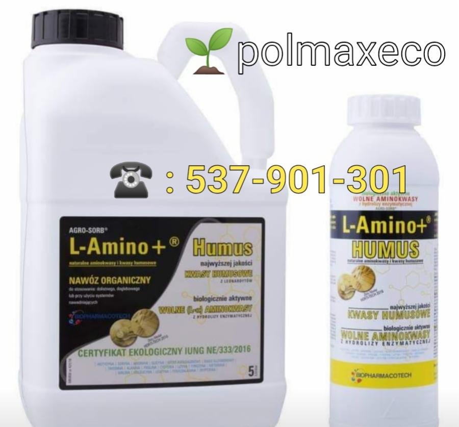 Dwa opakowania nawozu organicznego L-Amino+ Humus, większy kanister i mniejsza butelka, z widocznym logo firmy i numerem telefonu kontaktowego.