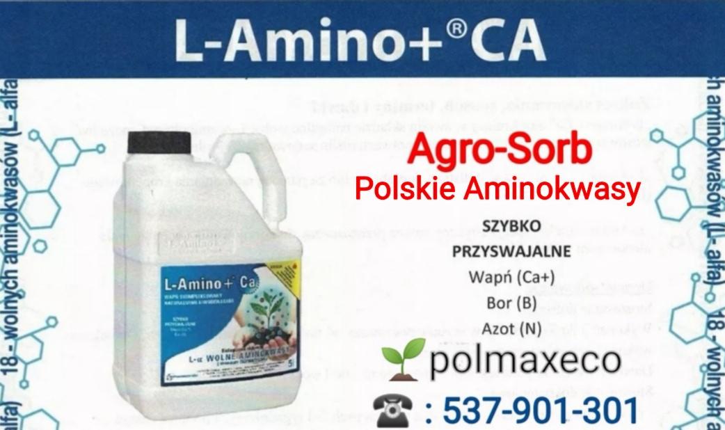 Biały kanister z etykietą 'L-Amino + Ca' prezentowany na tle ulotki informacyjnej, zawierającej informacje o produkcie Agro-Sorb i jego składnikach: wapniu, borze i azocie oraz numer kontaktowy...