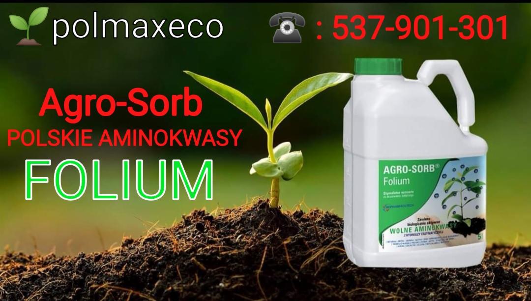 Prezentacja produktu Agro-Sorb Folium: kiełkująca roślina obok białej butelki z zieloną nakrętką, z logo firmy polmaxeco i numerem telefonu w tle.