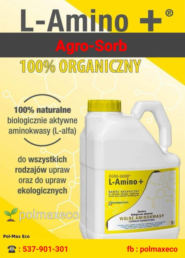 Biały kanister z żółtą nakrętką, zawierający organiczny nawóz aminokwasowy L-Amino + Agro-Sorb, rekomendowany przez firmę Pol-Max Eco z Lublina do wszystkich rodzajów upraw, w tym ekologicznych.