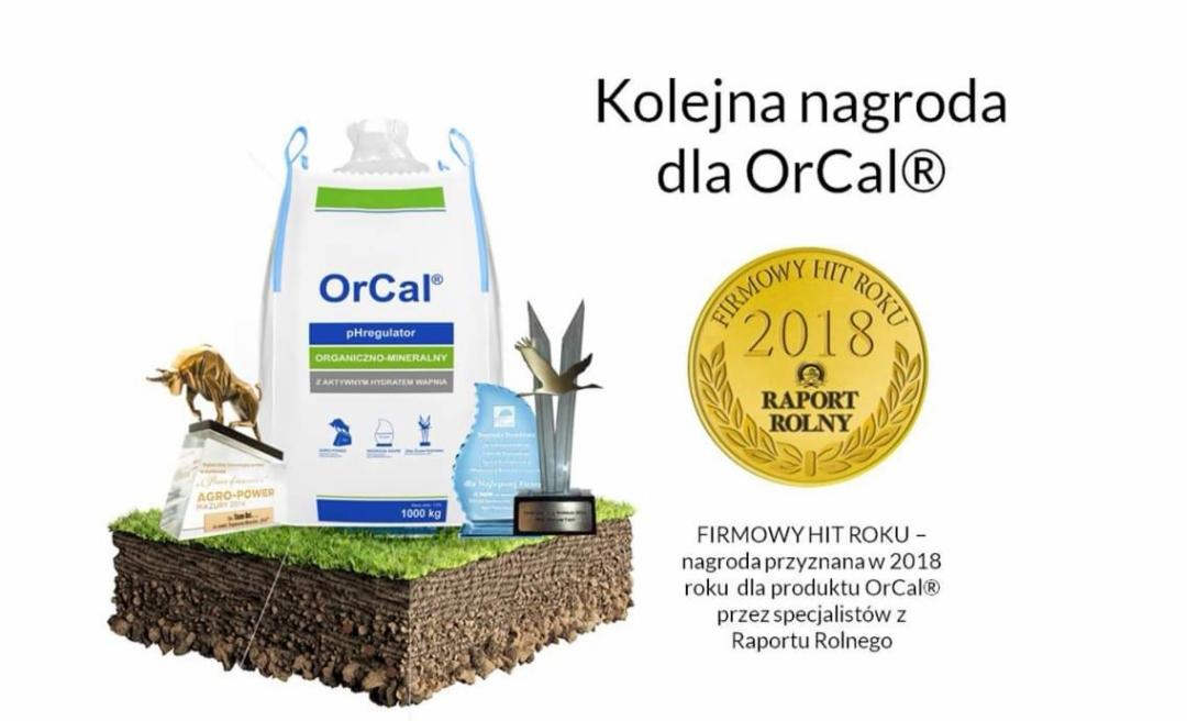Worek z logo OrCal, nagrody i statuetki na cokole z darni, prezentacja produktu uhonorowanego nagrodami branżowymi.