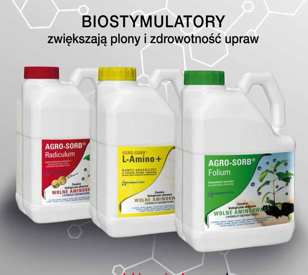 Trzy białe kanistry z etykietami różnych rodzajów biostymulatorów marki Agro-Sorb: Radiculum z czerwoną nakrętką, L-Amino+ z żółtą nakrętką i Folium z zieloną nakrętką, ustawione obok siebie...
