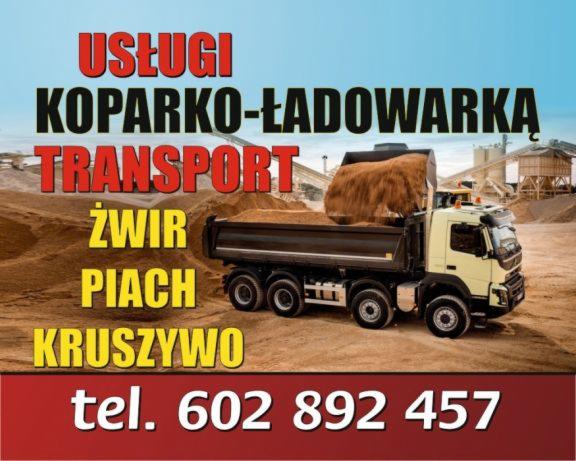 Żółta wywrotka z ładunkiem piasku na tle kopalni kruszyw w Bieniec, widoczny numer telefonu kontaktowego.