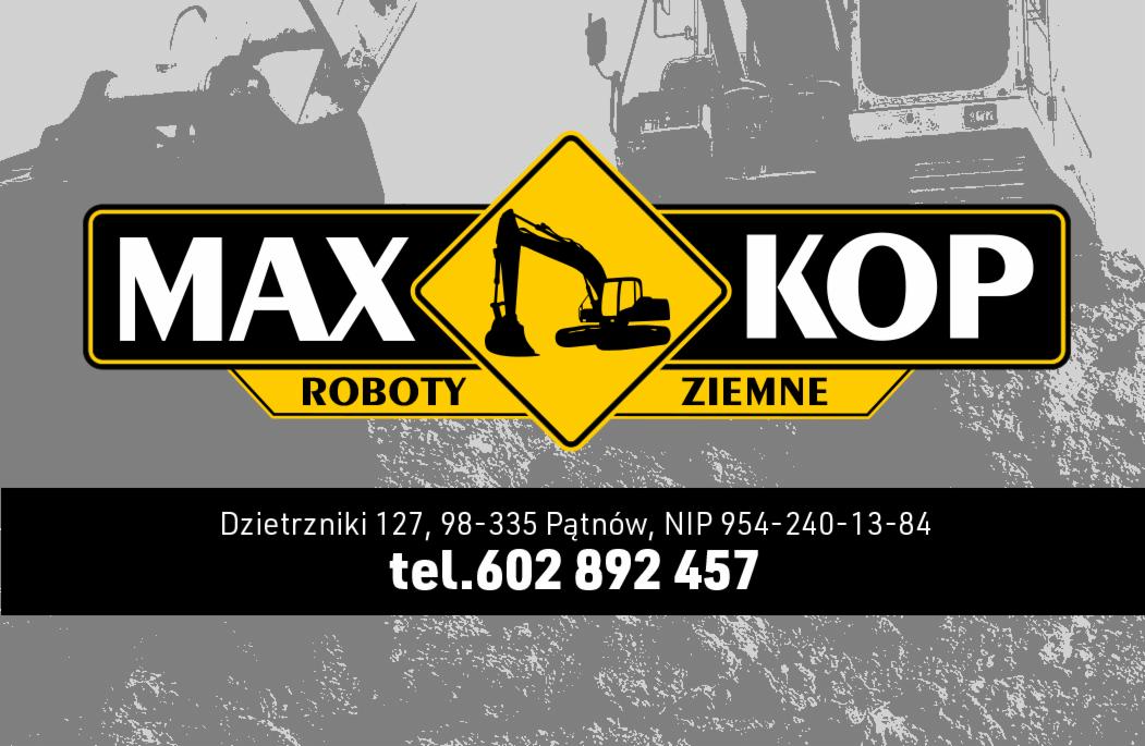 Grafika z logo firmy MAX KOP Roboty Ziemne, z sylwetką koparki na żółtym znaku ostrzegawczym, adres i numer telefonu na szarym tle z teksturą ziemi.