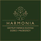 Logo Centrum Wsparcia Rozwoju Dzieci i Młodzieży 'Harmonia' na ciemnozielonym tle. Stylizowany rysunek dłoni otaczających kwiat z okiem w centrum.