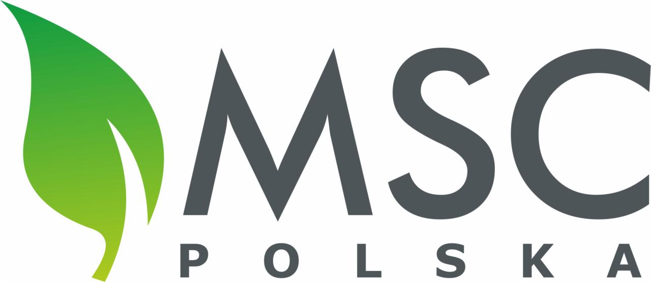 Logo firmy MSC Polska z zielonym liściem po lewej stronie i szarym napisem MSC nad napisem POLSKA.