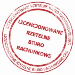 Czerwony, okrągły stempel z napisem 'LICENCJONOWANE RZETELNE BIURO RACHUNKOWE.ORG' na białym tle.