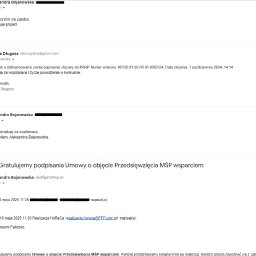 HLS Dorota Długosz - Fragment skrzynki mailowej z gratulacjami podpisania umowy o dofinansowanie dla MŚP, przesłanymi przez realizacja.horeca@PFP.com.pl.
