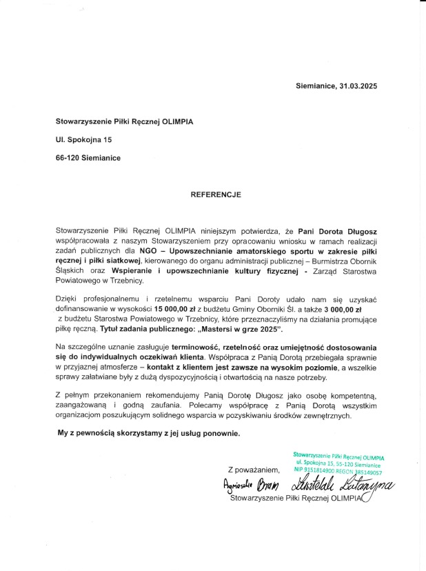 Skan referencji dla Stowarzyszenia Piłki Ręcznej OLIMPIA, potwierdzający współpracę przy opracowaniu wniosku o dotacje na sport i kulturę fizyczną.