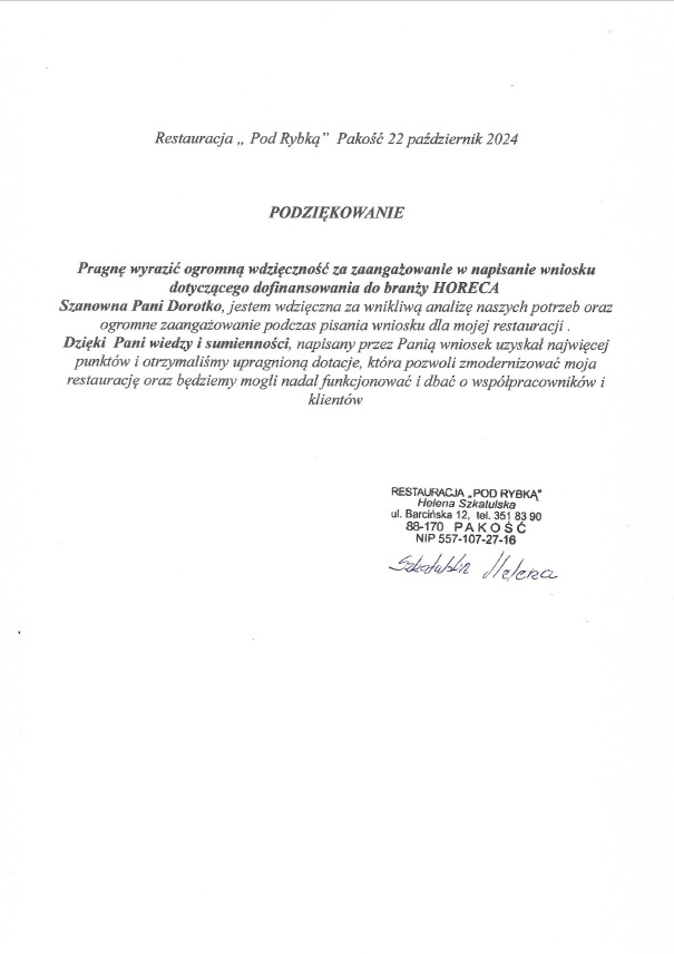 Skan podziękowania dla Pani Doroty za wkład w napisanie wniosku o dofinansowanie dla restauracji 'Pod Rybką', z podpisem Heleny Szkatulskiej.