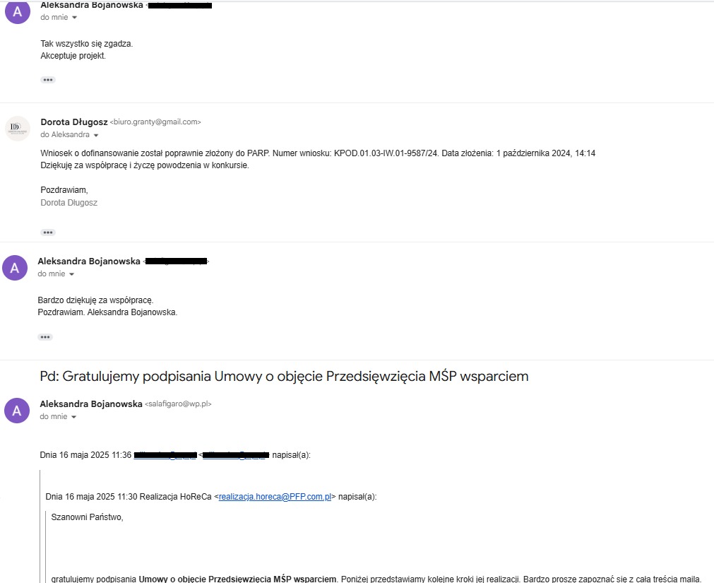 Fragment skrzynki mailowej z gratulacjami podpisania umowy o dofinansowanie dla MŚP, przesłanymi przez realizacja.horeca@PFP.com.pl.