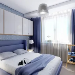 Wizualizacja sypialni z łóżkiem w odcieniach fioletu, białymi szafkami wiszącymi, wzorzystą tapetą i drewnianym krzesłem z ubraniami przy białej szafie.