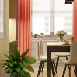 Wnętrze jadalni z drewnianym stołem, krzesłami tapicerowanymi beżową tkaniną, bukietem tulipanów w szklanym wazonie i dekoracyjną witryną w tle, oświetlone wiszącymi lampami.