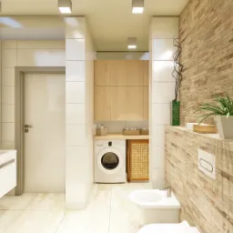 Wizualizacja łazienki z pralką, umywalką z szafką, bidetem i toaletą, wykończonej płytkami imitującymi kamień i drewnianymi szafkami, oświetlona punktowymi lampami sufitowymi.