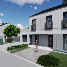 Wizualizacja osiedla domów szeregowych w nowoczesnym stylu z kobietą spacerującą po podjeździe z kostki brukowej.