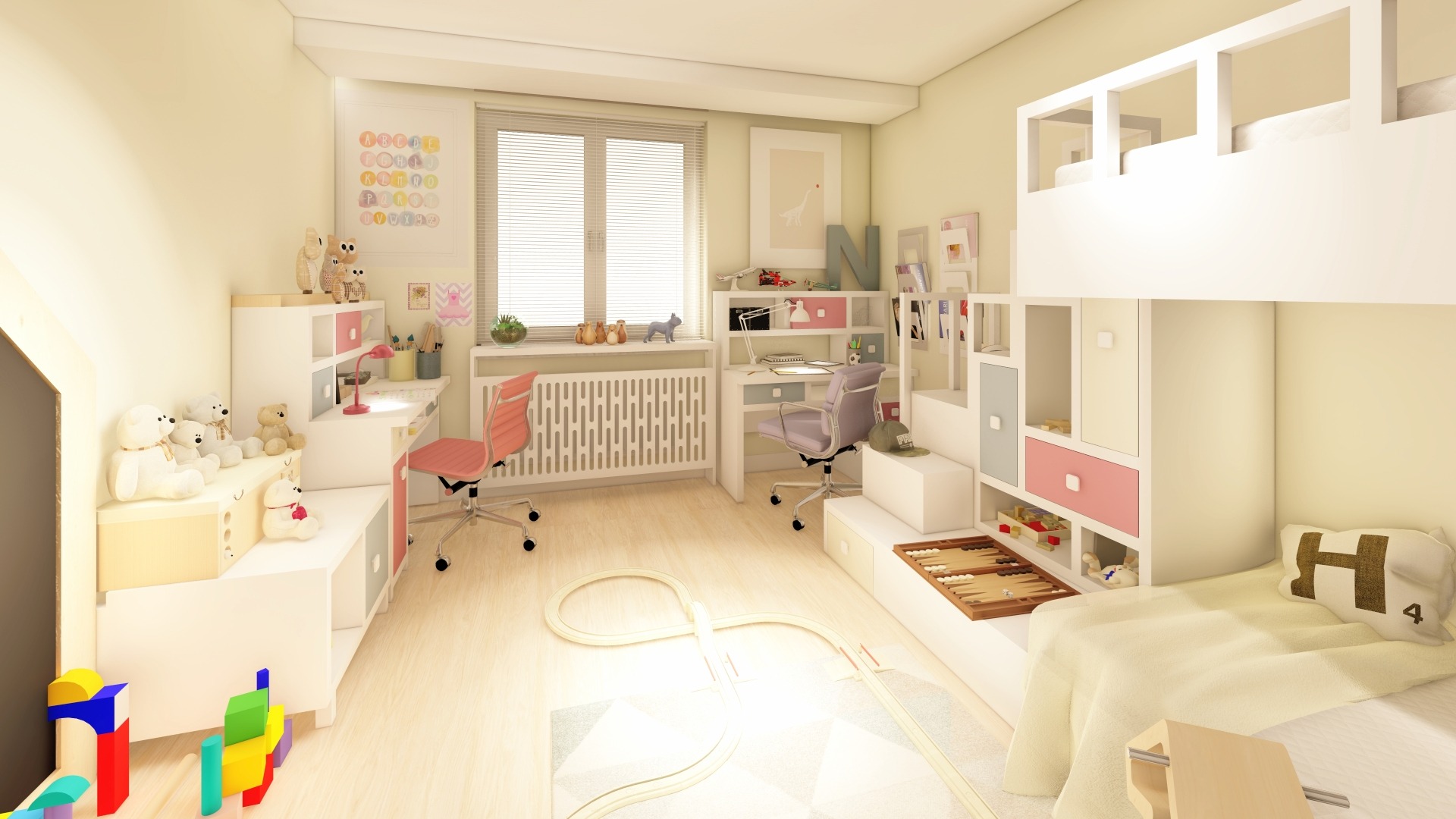 Wizualizacja pokoju dziecięcego z dwoma biurkami, łóżkiem piętrowym z wbudowanymi schodami-półkami, pastelowymi kolorami i zabawkami na podłodze.