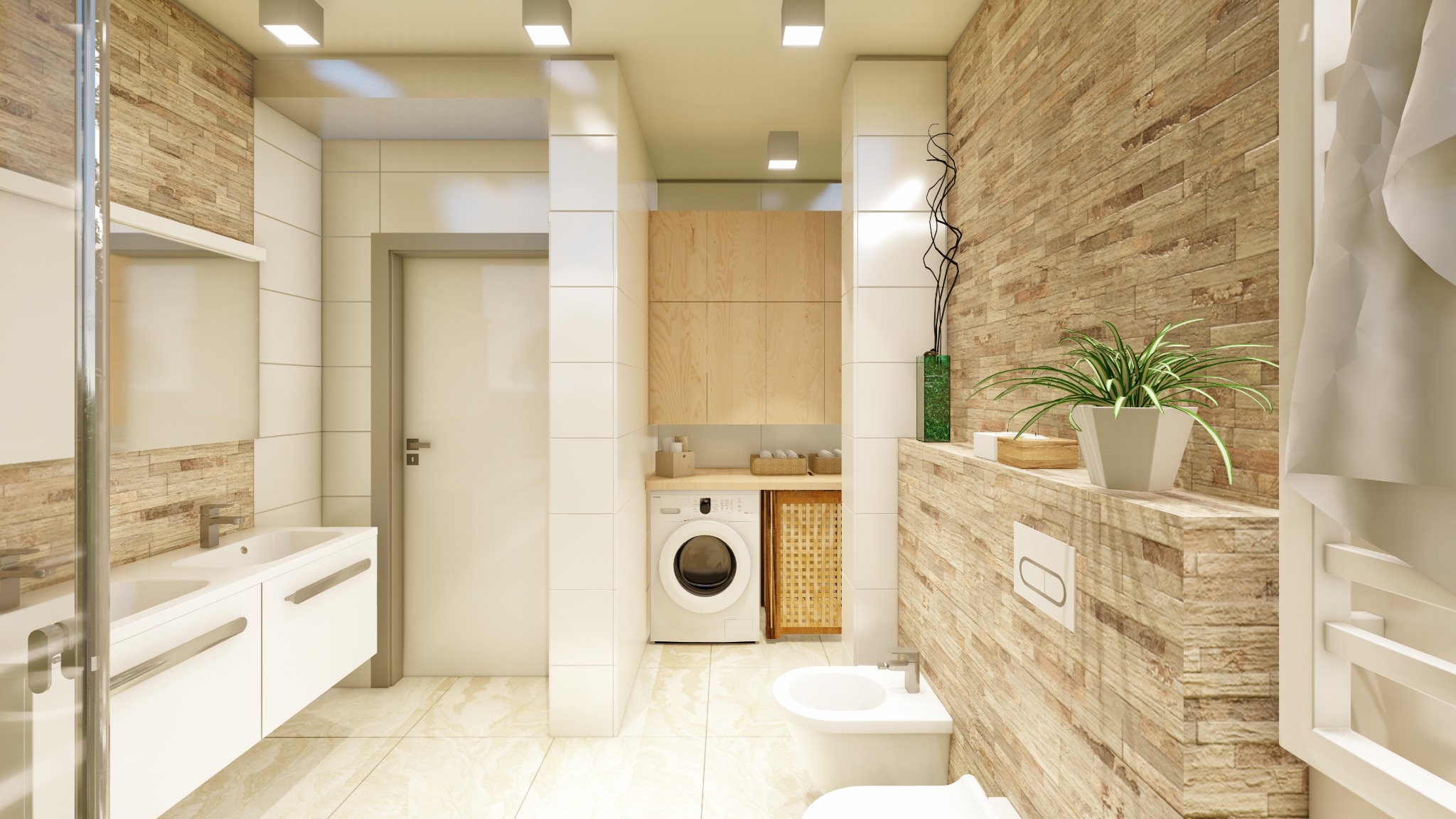 Wizualizacja łazienki z pralką, umywalką z szafką, bidetem i toaletą, wykończonej płytkami imitującymi kamień i drewnianymi szafkami, oświetlona punktowymi lampami sufitowymi.