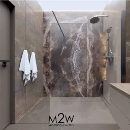 Wizualizacja łazienki z prysznicem typu walk-in, wykończonej płytkami imitującymi marmur w odcieniach brązu, z białymi ręcznikami na ścianie i armaturą w kolorze chromu, oświetleniem LED i logo...