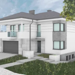 Wizualizacja dwukondygnacyjnego domu z garażem, balkonem z szklaną balustradą i elementami elewacji z betonu architektonicznego, otoczonego zielenią.
