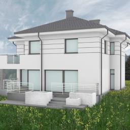 M2W Architektura i Wnętrza - Wizualizacja dwukondygnacyjnego, białego domu z szarym dachem i elementami dekoracyjnymi, otoczonego zielenią i drzewami, prezentowana w pochmurny dzień.